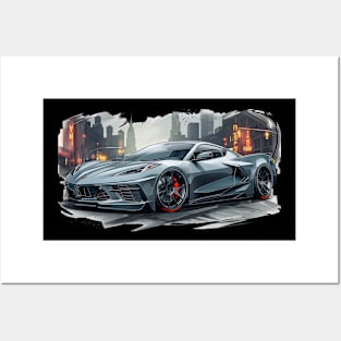 Gray C8 Corvette City Scene Supercar Racecar Muscle Car Sportscar Street Scene Grey Corvette C8 Posters and Art